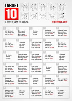 the 10 minute workout plan is shown in red, white and black with instructions on it