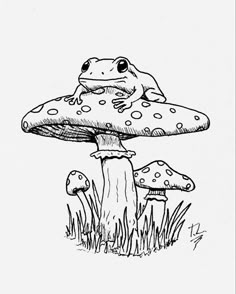 a drawing of a frog sitting on top of a mushroom with two toadlings around it