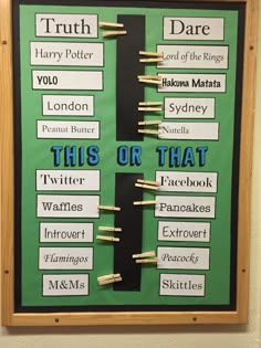 a bulletin board with words and pictures on it that read,'this or that? '