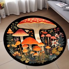 a round rug with mushrooms and flowers on it