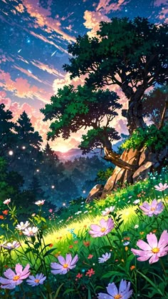 an anime scene with flowers in the foreground and trees on the other side, at night