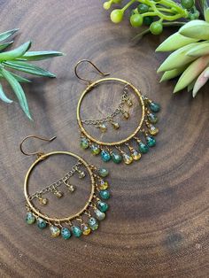 BEADED EARRINGS MAKING #BeadedEarrings Hoop Bead Earrings, Bead Wrapped Hoop Earrings, Boho Dangle Earrings, Wire Hoop Earrings Diy, Gold Bohemian Jewelry, Wire Wrapped Hoop Earrings, Beaded Hoops Earrings, Diy Boho Earrings