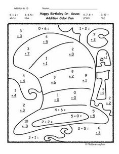 Addition Coloring Worksheet, Happy Birthday Dr Seuss, Coloring Worksheets For Kindergarten, Happy Birthday Dr