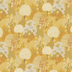 a yellow and white wallpaper with trees on it