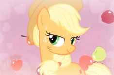 an animated pony with green eyes and blonde hair, standing in front of pink background