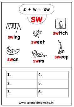 a worksheet with words and pictures to help students learn how to write the word sw