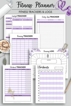 the printable fitness planner and tracker is shown in three different colors, including purple