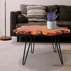 a coffee table made out of wood and metal legs with a plant in the middle