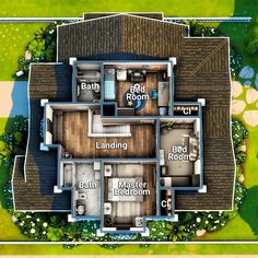 an aerial view of a house with three rooms and two bathrooms on the second floor