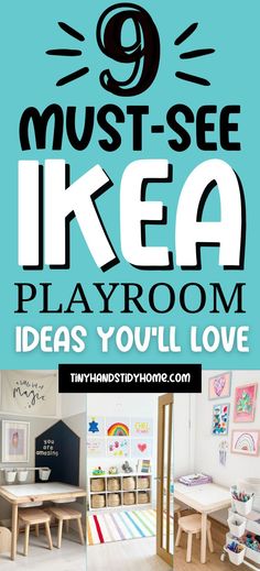 A collage of IKEA playroom design and storage ideas. The text over the image says, "9 must-see IKEA playroom ideas you'll love". Toy Room Decorating Ideas, Tv In Playroom Ideas, Diy Playroom Paint Ideas, Ikea Toy Room Playroom Ideas, Playroom Den Ideas, Ikea Toy Room Storage, Ikea Playroom Storage Ideas, Ikea Toy Storage Ideas Playrooms, Rectangle Playroom Layout