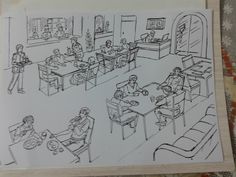 a drawing of people sitting at tables in a restaurant