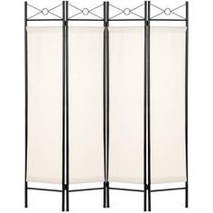 three panel room divider with white fabric on the sides and black metal frame,