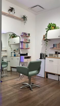 a salon with chairs, mirrors and plants