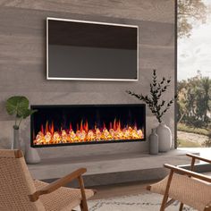 a living room with two chairs and a television mounted on the wall above an electric fireplace