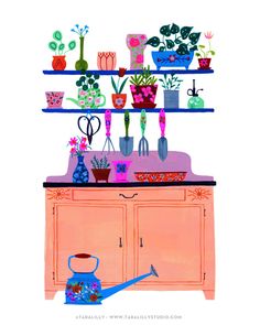 a painting of pots and flowers on a shelf with a watering can next to it