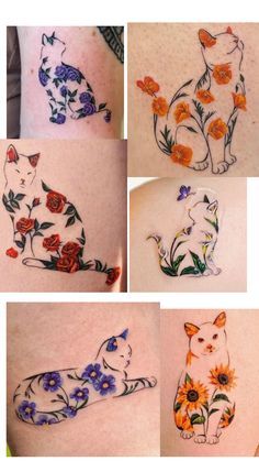 six pictures of cats and flowers on the back of someone's stomach, all in different colors