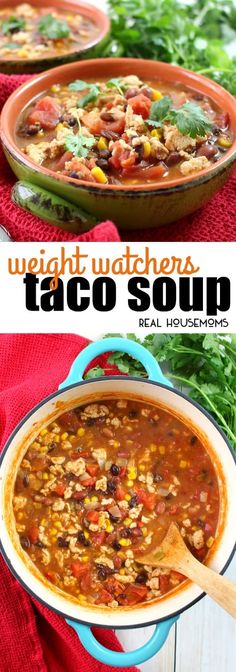 two pictures showing different types of taco soup and the same image with text overlay