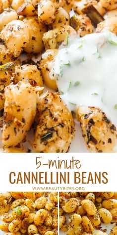 grilled cauliflower with ranch dressing on the side and text overlay that reads 5 minute cannellini beans