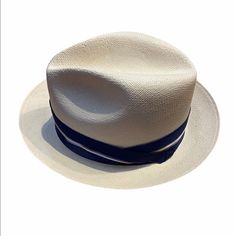 Nwt Vintage Straw Fedora Stetson Size 7 Cream Hat With Blue Ribbon Accent. Minor Spots On Front Brim As Pictured. Classic White Brimmed Hat, Classic Fitted Blue Hat, White Fitted Panama Hat With Curved Brim, White Fitted Hat Bands For The Beach, White Fitted Hat Band For Beach, White Classic Hat With Curved Brim, White Fitted Fedora Straw Hat, Classic White Hat With Short Brim, Classic White Hat With Curved Brim