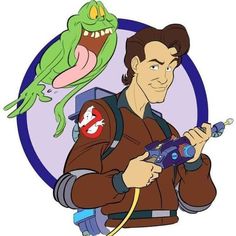 a man holding a remote control in front of a cartoon character with an alligator on his shoulder