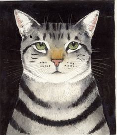 a drawing of a cat with green eyes and black stripes on it's face