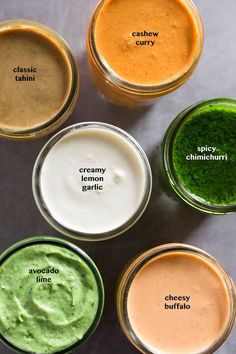 six different types of sauces in small glass jars with the words creamy lime, cheesy curry, creamy chutney and cream