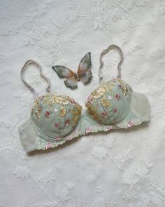 ༄ Enchanted mint green bustier bra featuring multicolored flowers embroidery ༄ visible frame; sheer band; adjustable straps  ༄ made in Japan ༄ size 32B ༄ lovely condition with no visible scratches or marks Bra Embroidery, Multicolored Flowers, 2000s Tops, 13 Birthday, Drake Quotes, True Summer, Fantasy Princess, Flowers Embroidery, Wise Women