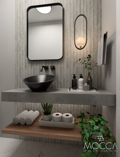 a bathroom with a sink, mirror and toiletries on the shelf next to it