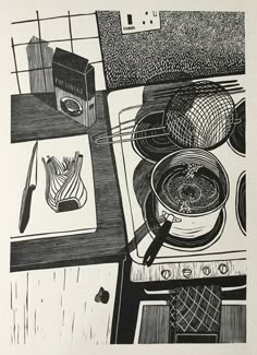 a black and white drawing of cooking utensils on a stove top with an oven in the background