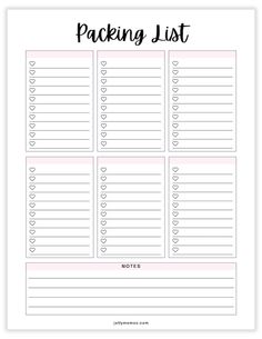 the printable packing list is shown in black and white, with hearts on it