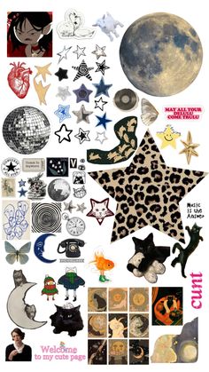 a collage of various items that include stars, moon and other things in the background