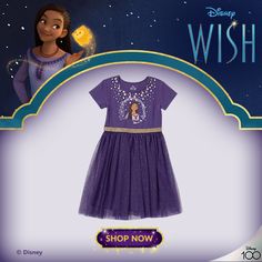 the princess and the frog dress is on display in front of an advertisement for disney's wish