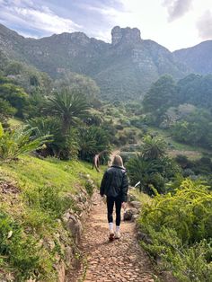 a person walking up a dirt path in the mountains with trees and bushes on either side