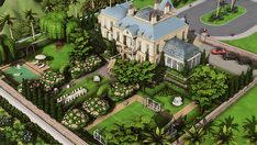 an artist's rendering of a large mansion in the middle of a lush green park