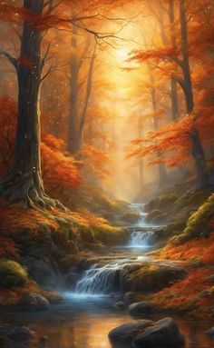 a painting of a stream running through a forest filled with trees and leaves in the sunlight