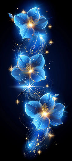 blue flowers on a black background with sparkles in the middle and stars at the bottom