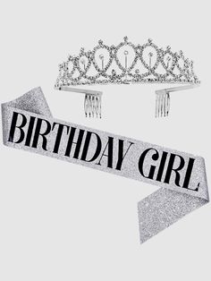 a tiara and hair combs with the words birthday girl on it, in black and white