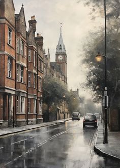 a painting of a city street in the rain