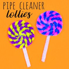 two colorful lollipops on an orange background with the words pipe cleaner bodies