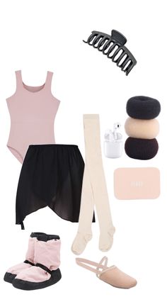 the contents of a ballet outfit including shoes, socks and other accessories are shown in this image