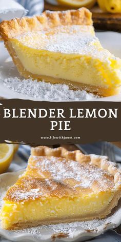 a slice of lemon pie on a plate with powdered sugar around the edges and in front