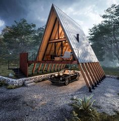 a car is parked in front of a triangular shaped house that has been built into the ground