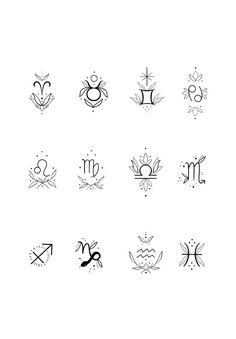 twelve zodiac signs are shown in black and white, with the symbols for each zodiac sign