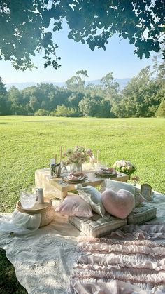 an outdoor picnic with food and flowers on the table in the middle of the field