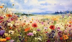 a painting of colorful flowers in a field