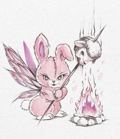 a drawing of a pink bunny holding a stick next to a fire with an owl on it