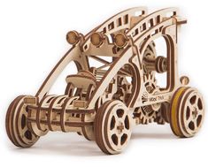 a wooden model of a car made out of gears and wheels, on a white background