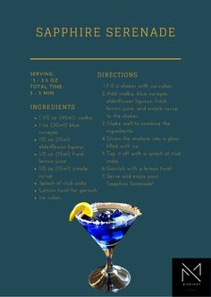 the sapphire serena cocktail recipe is shown in blue with lemon wedges and garnish