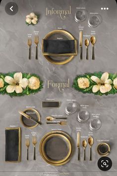 an image of a table setting with gold and silver plates, knives, spoons, forks