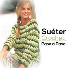 a woman wearing a green and white crochet sweater